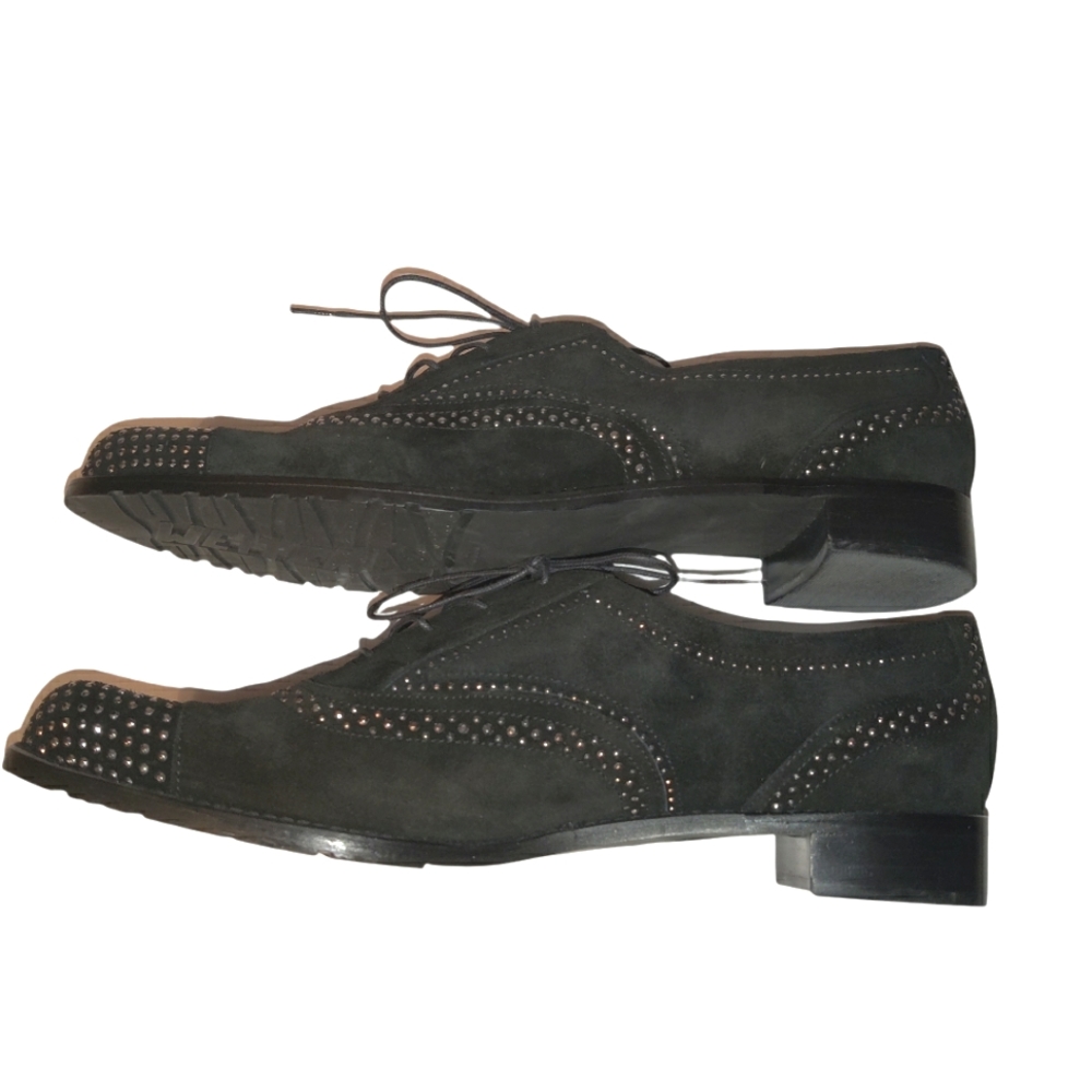 Stuart Weitzman Leather Suede Lace Up Studded Heeled Oxford Loafers - Picture 9 of 16